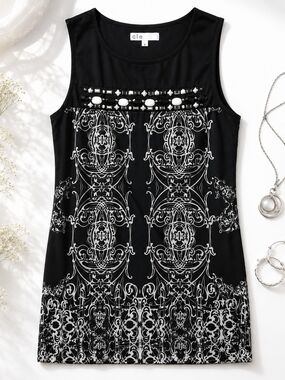 Cleo Embellished Sheath Dress Black White Scroll Print Size 8